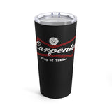 A 20oz stainless steel tumbler with a black glossy finish and a clear push-on lid featuring the red and white logo 'Carpenter King of Trades'.