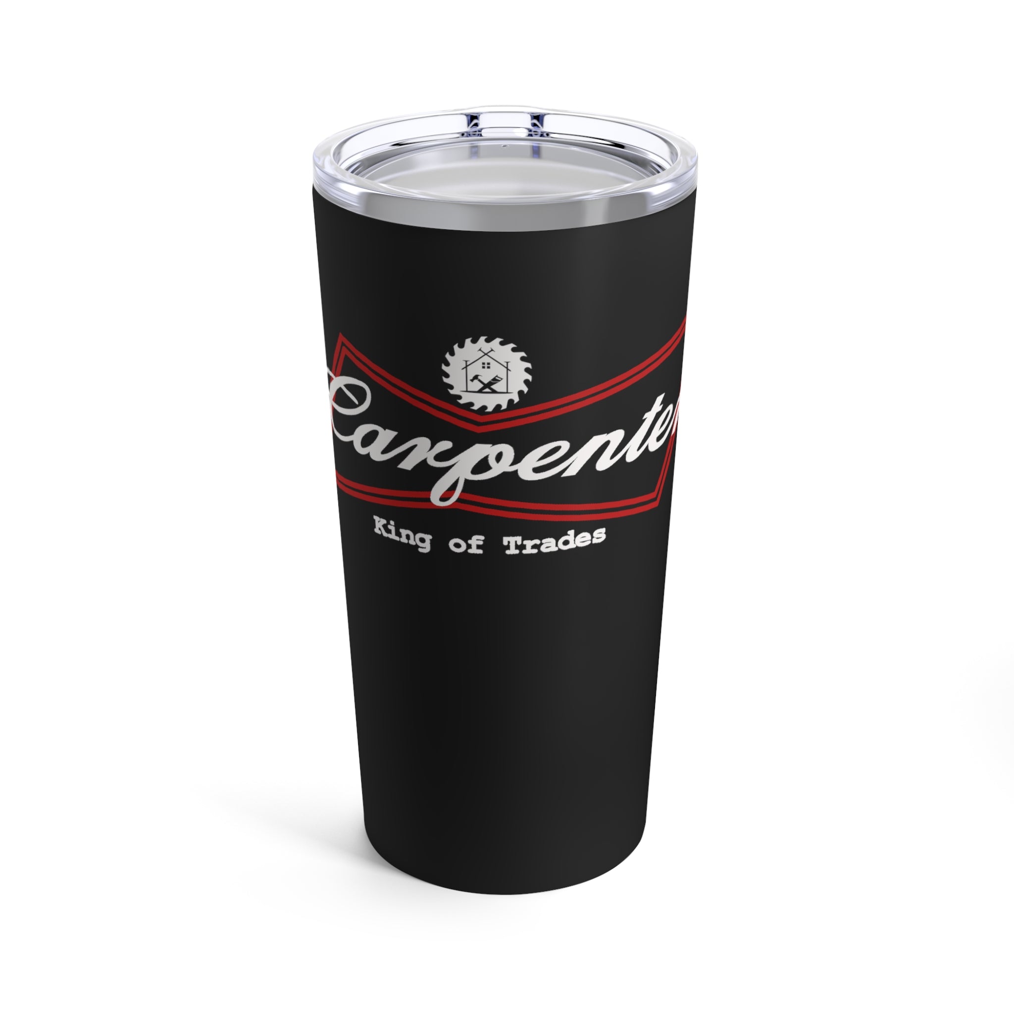 A 20oz stainless steel tumbler with a black glossy finish and a clear push-on lid featuring the red and white logo 'Carpenter King of Trades'.