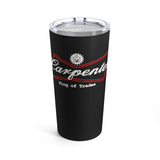 A 20oz stainless steel tumbler with a black glossy finish and a clear push-on lid featuring the red and white logo 'Carpenter King of Trades'.