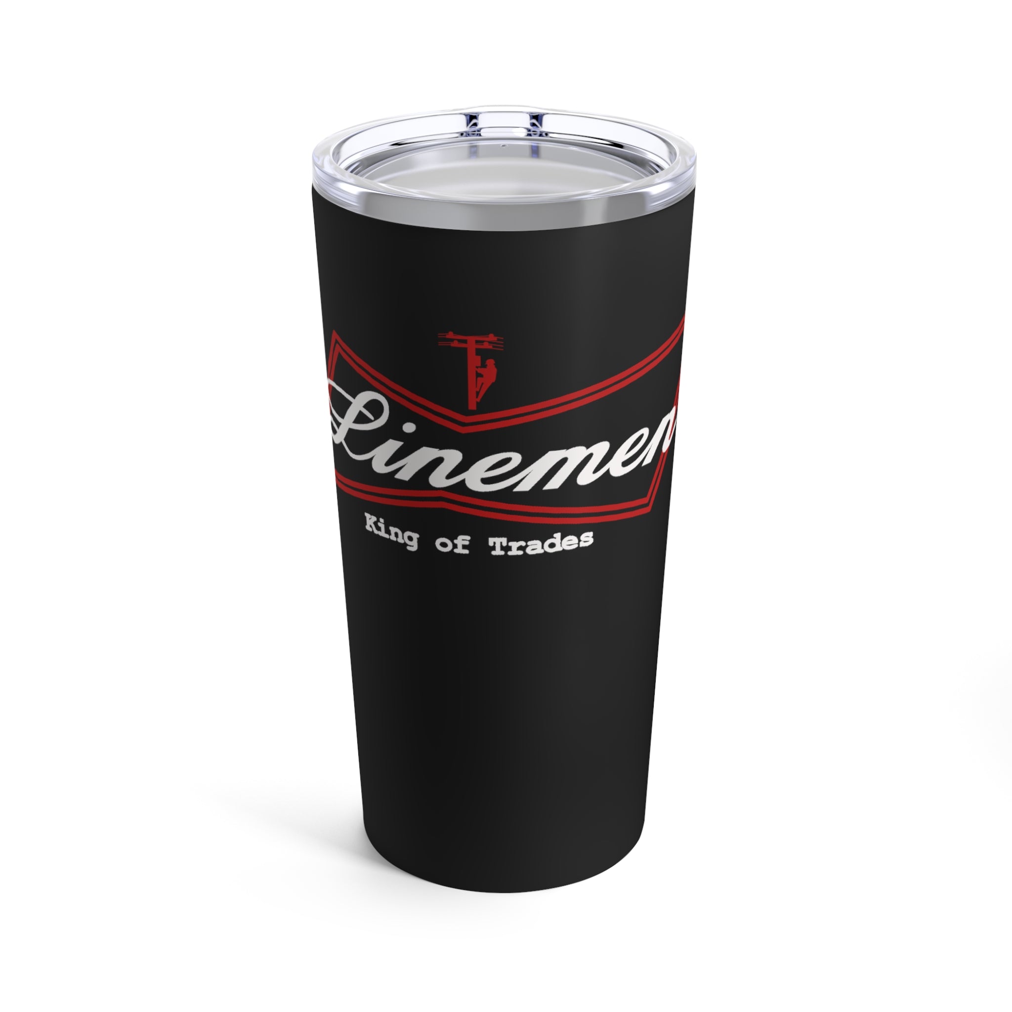 A 20oz stainless steel tumbler with a black glossy finish, featuring a red 'King of Trades' logo and a clear push-on lid.