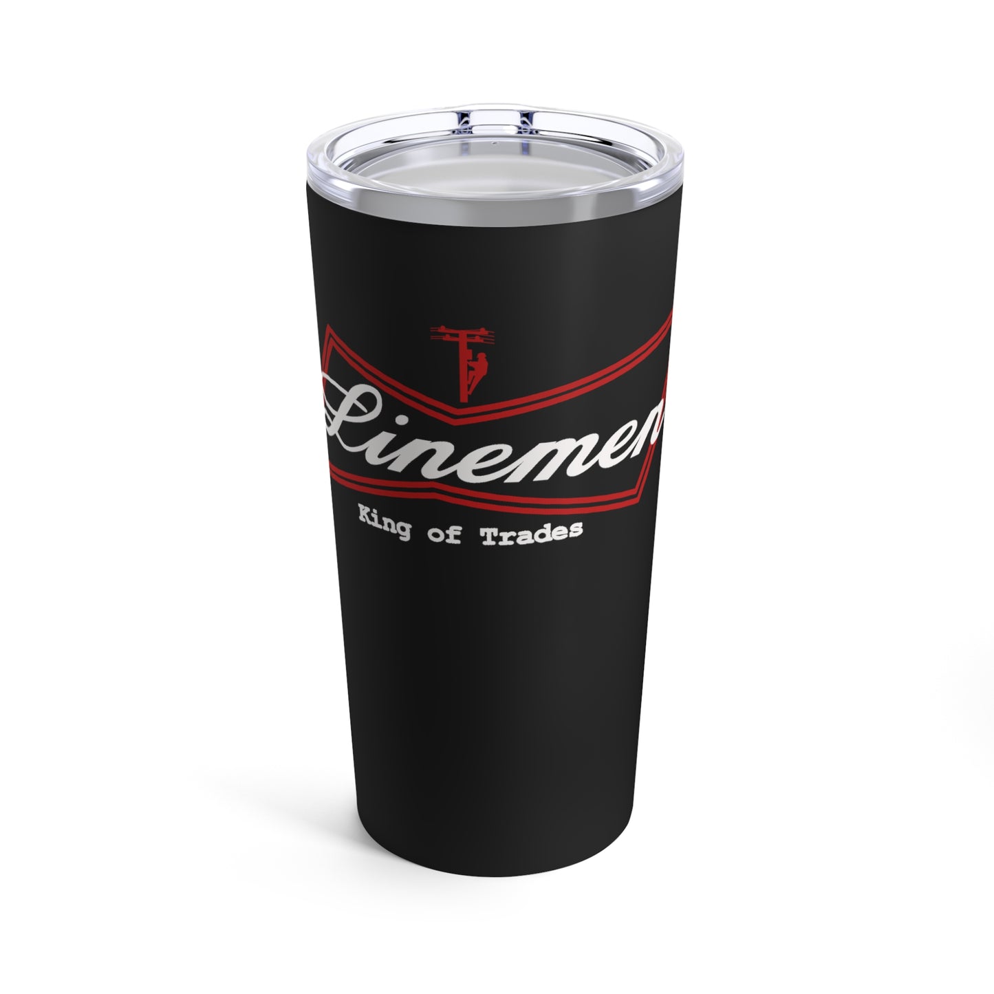 A 20oz stainless steel tumbler with a black glossy finish, featuring a red 'King of Trades' logo and a clear push-on lid.