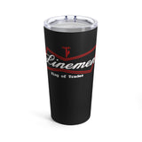 A 20oz stainless steel tumbler with a black glossy finish, featuring a red 'King of Trades' logo and a clear push-on lid.