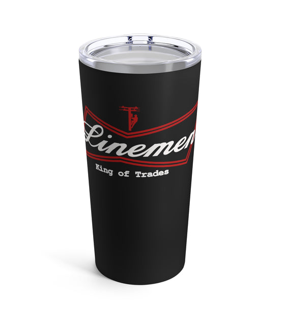 A 20oz stainless steel tumbler with a black glossy finish, featuring a red 'King of Trades' logo and a clear push-on lid.