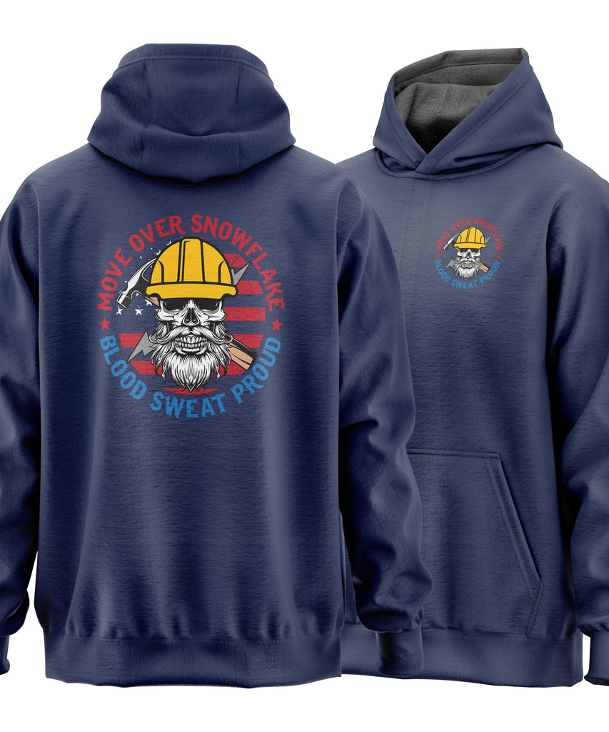 Move Over Snowflake Blue Collar Proud Hoodie Sweatshirt in black, gray and blue, featuring bold white text with a rugged design, perfect for hardworking blue-collar workers who take pride in their grit and toughness. Durable hoodie for construction workers, tradesmen, and industrial professionals. Comfortable, heavyweight material ideal for all-weather conditions on and off the job site.