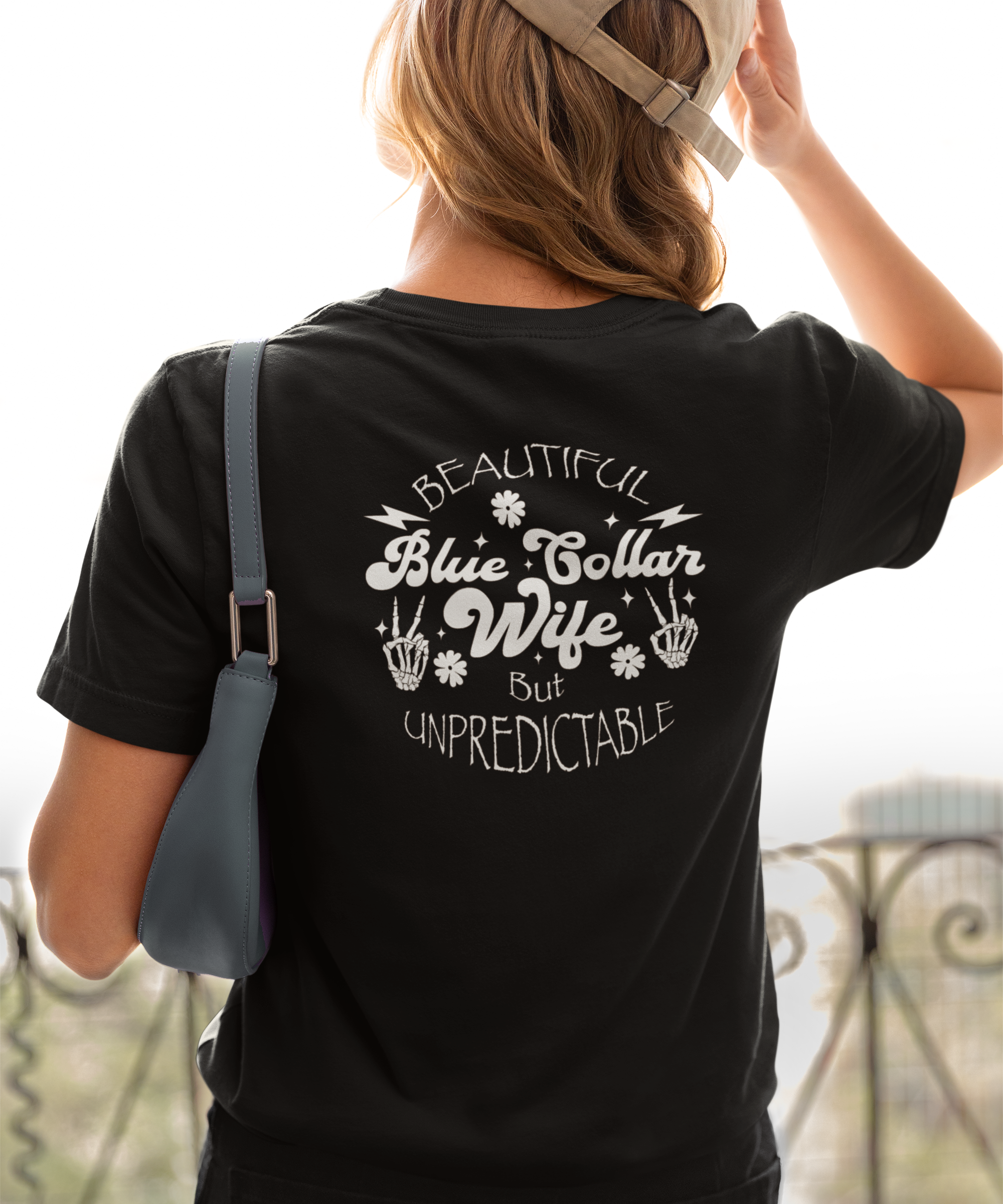 Beautiful Unpredictable Blue Collar Wife back-view-t-shirt-woman- Available at Workwearcomfort.com