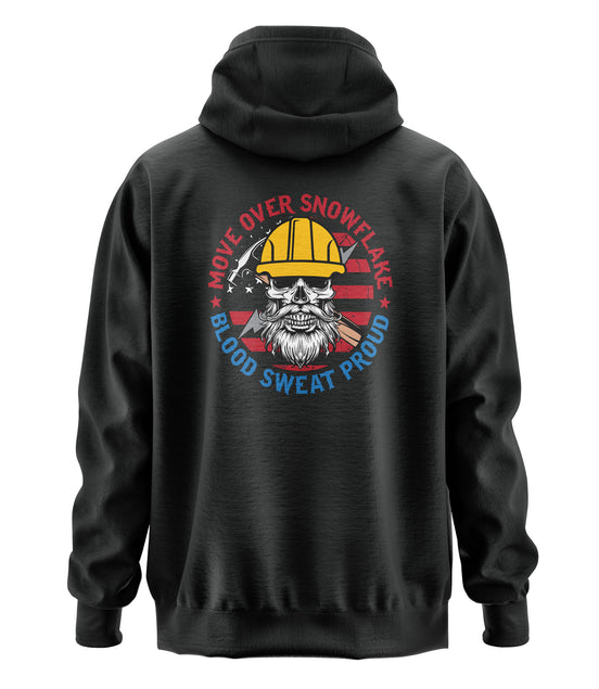 Move Over Snowflake Blue Collar Proud Hoodie Sweatshirt in black, gray and blue, featuring bold white text with a rugged design, perfect for hardworking blue-collar workers who take pride in their grit and toughness. Durable hoodie for construction workers, tradesmen, and industrial professionals. Comfortable, heavyweight material ideal for all-weather conditions on and off the job site.