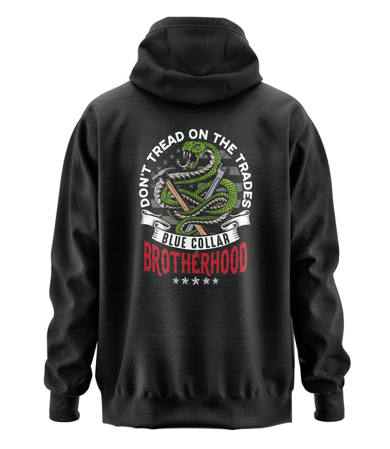 Don't Tread on Trades Proud Hooded Sweatshirt in black, gray or blue, featuring bold yellow and white lettering with a tough 'Don’t Tread on Me' inspired design. Ideal for skilled tradesmen, including electricians, welders, and carpenters. Heavyweight, durable material for year-round comfort and protection on the job site. Show pride in the trades with this iconic hoodie.