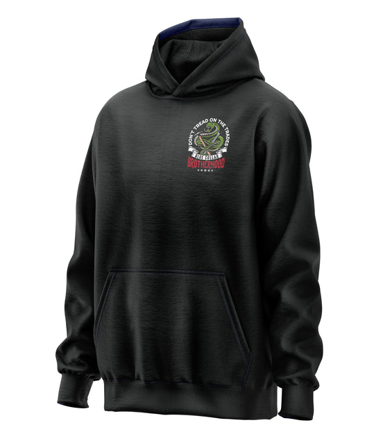 Don't Tread on Trades Proud Hooded Sweatshirt in black, gray or blue, featuring bold yellow and white lettering with a tough 'Don’t Tread on Me' inspired design. Ideal for skilled tradesmen, including electricians, welders, and carpenters. Heavyweight, durable material for year-round comfort and protection on the job site. Show pride in the trades with this iconic hoodie.
