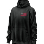 Black hoodie with a red and white flag design on the back with welding tools for the stripes and an American Flag with welding ribbon on the front chest. 