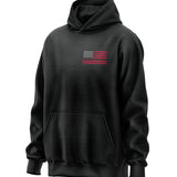 Black hoodie with a red and white flag design on the back with welding tools for the stripes and an American Flag with welding ribbon on the front chest. 
