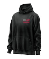 Black hoodie with a red and white flag design on the back with welding tools for the stripes and an American Flag with welding ribbon on the front chest. 