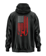 Black hoodie with a red and white flag design on the back with welding tools for the stripes and an American Flag with welding ribbon on the front chest. 