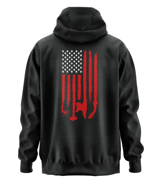 Black hoodie with a red and white flag design on the back with welding tools for the stripes and an American Flag with welding ribbon on the front chest. 