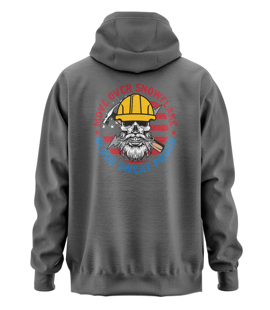 Move Over Snowflake Blue Collar Proud Hoodie Sweatshirt in black, gray and blue, featuring bold white text with a rugged design, perfect for hardworking blue-collar workers who take pride in their grit and toughness. Durable hoodie for construction workers, tradesmen, and industrial professionals. Comfortable, heavyweight material ideal for all-weather conditions on and off the job site.