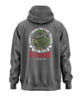 Don't Tread on Trades Proud Hooded Sweatshirt in black, gray or blue, featuring bold yellow and white lettering with a tough 'Don’t Tread on Me' inspired design. Ideal for skilled tradesmen, including electricians, welders, and carpenters. Heavyweight, durable material for year-round comfort and protection on the job site. Show pride in the trades with this iconic hoodie.