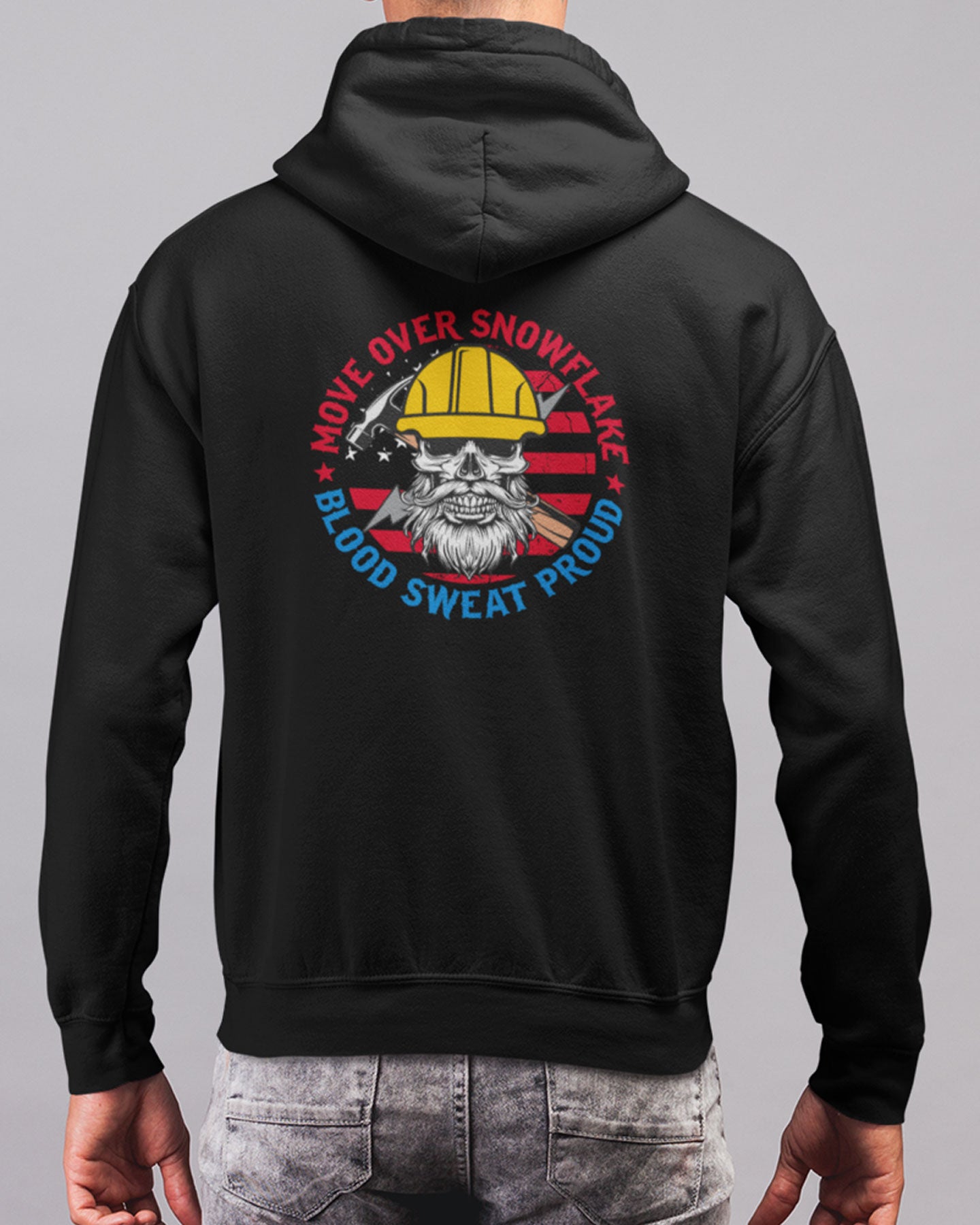 Move Over Snowflake Blue Collar Proud Hoodie Sweatshirt in black, gray and blue, featuring bold white text with a rugged design, perfect for hardworking blue-collar workers who take pride in their grit and toughness. Durable hoodie for construction workers, tradesmen, and industrial professionals. Comfortable, heavyweight material ideal for all-weather conditions on and off the job site.