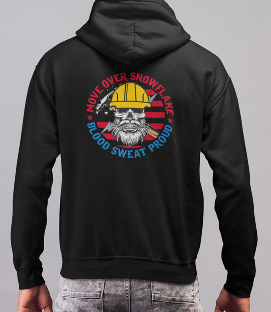 Move Over Snowflake Blue Collar Proud Hoodie Sweatshirt in black, gray and blue, featuring bold white text with a rugged design, perfect for hardworking blue-collar workers who take pride in their grit and toughness. Durable hoodie for construction workers, tradesmen, and industrial professionals. Comfortable, heavyweight material ideal for all-weather conditions on and off the job site.