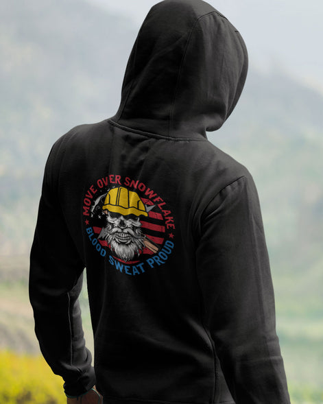 Move Over Snowflake Blue Collar Proud Hoodie Sweatshirt in black, gray and blue, featuring bold white text with a rugged design, perfect for hardworking blue-collar workers who take pride in their grit and toughness. Durable hoodie for construction workers, tradesmen, and industrial professionals. Comfortable, heavyweight material ideal for all-weather conditions on and off the job site.