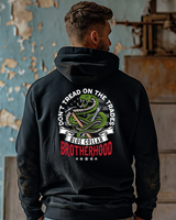 Don't Tread on Trades Proud Hooded Sweatshirt in black, gray or blue, featuring bold yellow and white lettering with a tough 'Don’t Tread on Me' inspired design. Ideal for skilled tradesmen, including electricians, welders, and carpenters. Heavyweight, durable material for year-round comfort and protection on the job site. Show pride in the trades with this iconic hoodie.