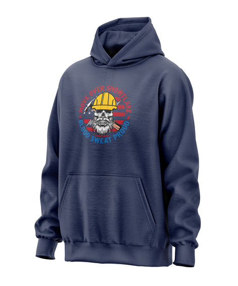 Move Over Snowflake Blue Collar Proud Hoodie Sweatshirt in black, gray and blue, featuring bold white text with a rugged design, perfect for hardworking blue-collar workers who take pride in their grit and toughness. Durable hoodie for construction workers, tradesmen, and industrial professionals. Comfortable, heavyweight material ideal for all-weather conditions on and off the job site.