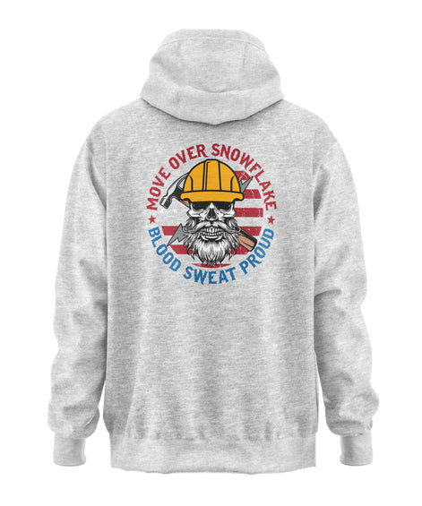 Move Over Snowflake Blue Collar Proud Hoodie Sweatshirt in black, gray and blue, featuring bold white text with a rugged design, perfect for hardworking blue-collar workers who take pride in their grit and toughness. Durable hoodie for construction workers, tradesmen, and industrial professionals. Comfortable, heavyweight material ideal for all-weather conditions on and off the job site.
