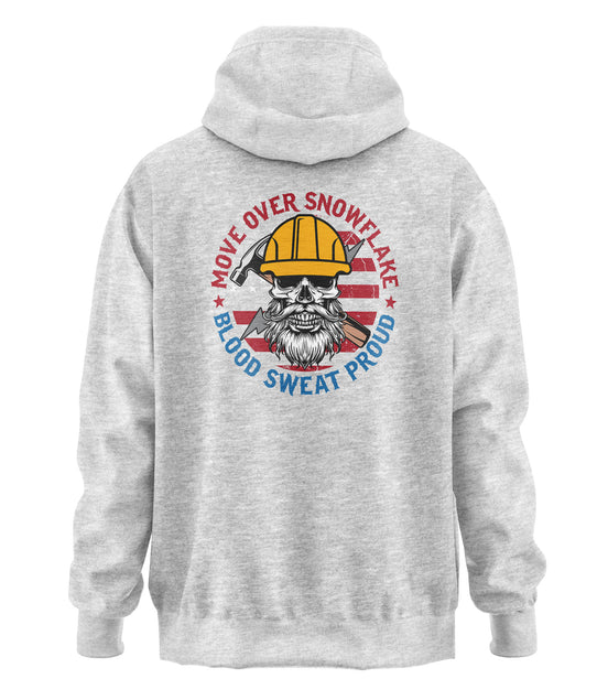 Move Over Snowflake Blue Collar Proud Hoodie Sweatshirt in black, gray and blue, featuring bold white text with a rugged design, perfect for hardworking blue-collar workers who take pride in their grit and toughness. Durable hoodie for construction workers, tradesmen, and industrial professionals. Comfortable, heavyweight material ideal for all-weather conditions on and off the job site.