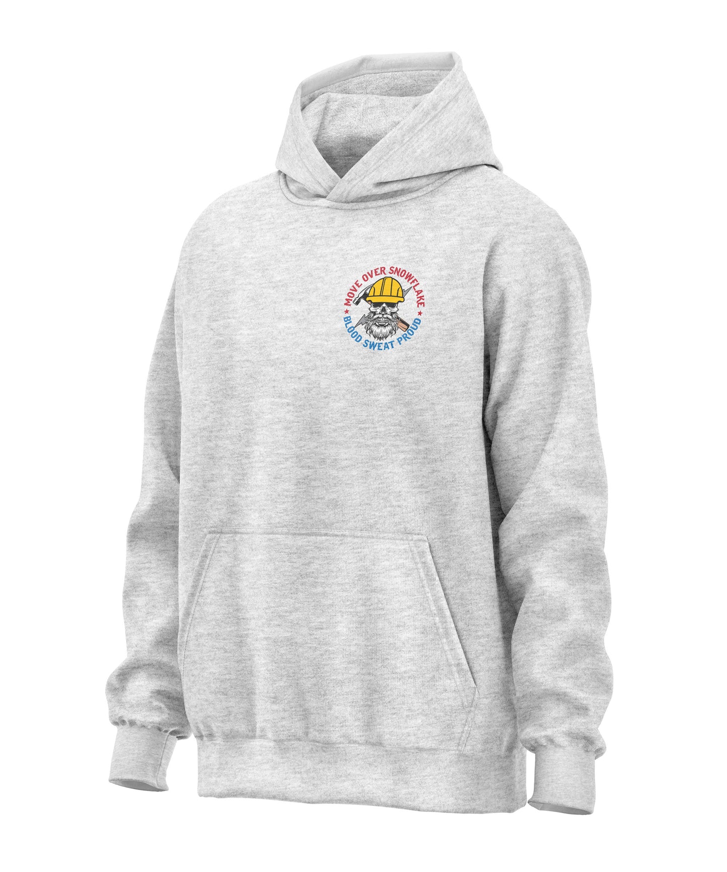 Move Over Snowflake Blue Collar Proud Hoodie Sweatshirt in black, gray and blue, featuring bold white text with a rugged design, perfect for hardworking blue-collar workers who take pride in their grit and toughness. Durable hoodie for construction workers, tradesmen, and industrial professionals. Comfortable, heavyweight material ideal for all-weather conditions on and off the job site.