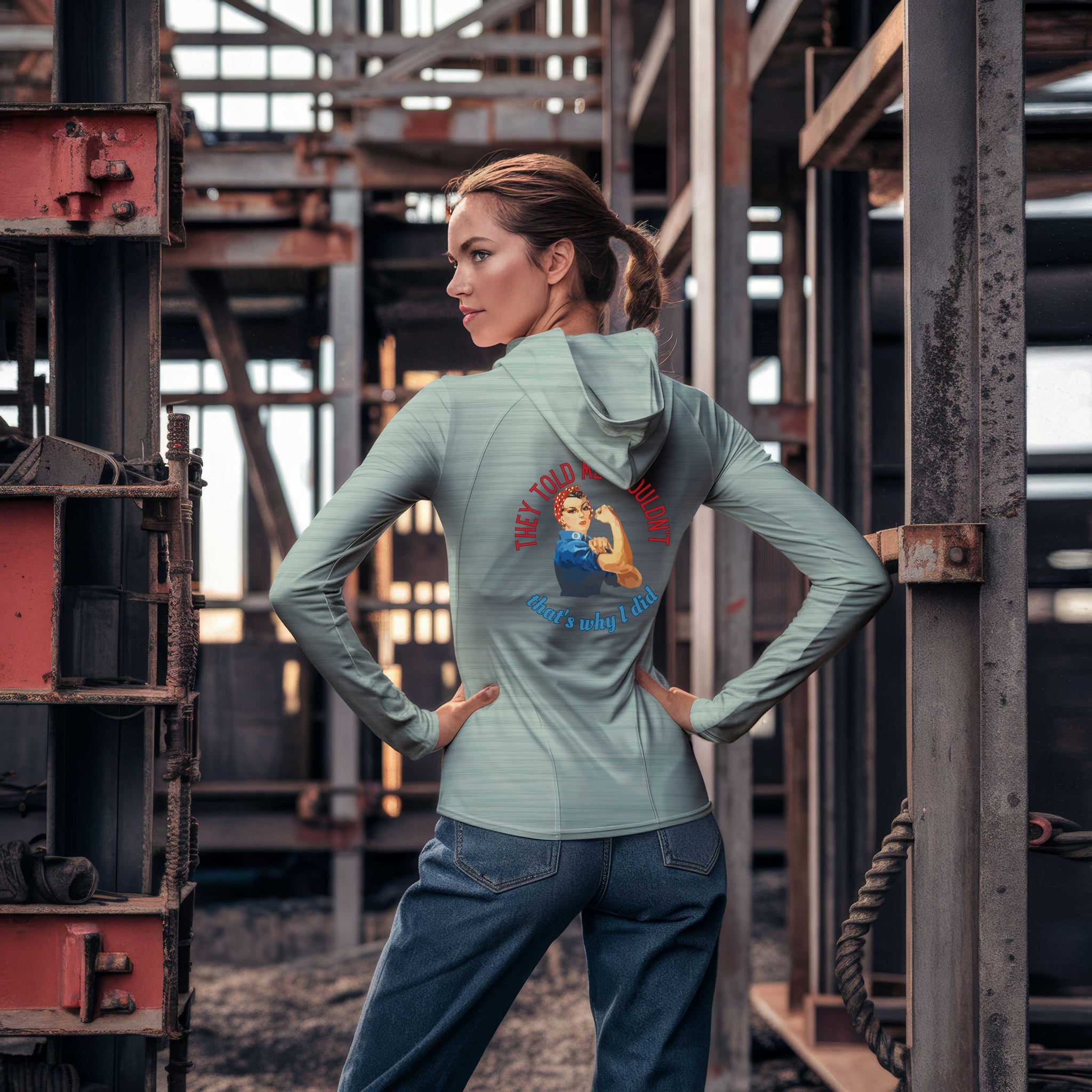 Rosie Riveter Sun Protection Long Sleeve Hoodie - UPF50+ Available at workwearcomfort.com 