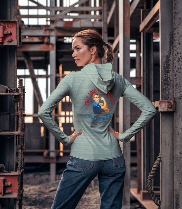 Rosie Riveter Sun Protection Long Sleeve Hoodie - UPF50+ Available at workwearcomfort.com 
