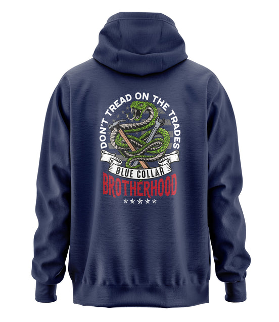 Don't Tread on Trades Proud Hooded Sweatshirt in black, gray or blue, featuring bold yellow and white lettering with a tough 'Don’t Tread on Me' inspired design. Ideal for skilled tradesmen, including electricians, welders, and carpenters. Heavyweight, durable material for year-round comfort and protection on the job site. Show pride in the trades with this iconic hoodie.