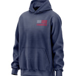 Navy blue hoodie with a red and white flag design on the back with welding tools for the stripes and an American Flag with welding ribbon on the front chest. 