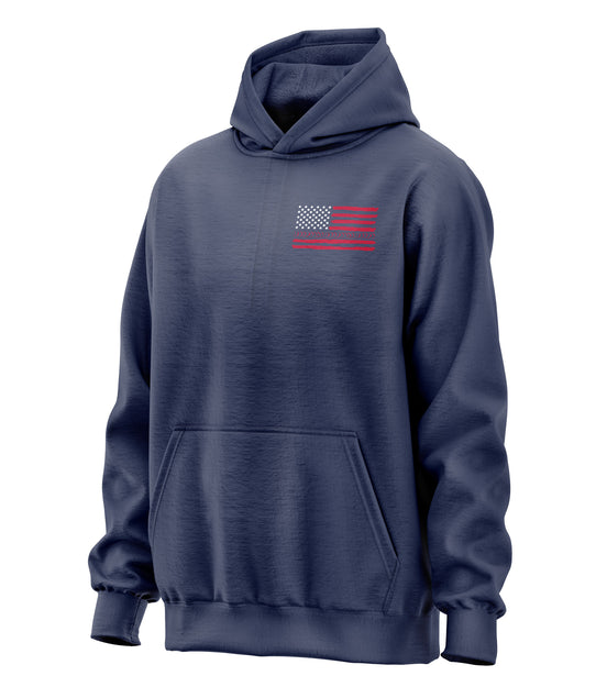 Navy blue hoodie with a red and white flag design on the back with welding tools for the stripes and an American Flag with welding ribbon on the front chest. 