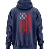 Navy blue hoodie with a red and white flag design on the back with welding tools for the stripes and an American Flag with welding ribbon on the front chest. 