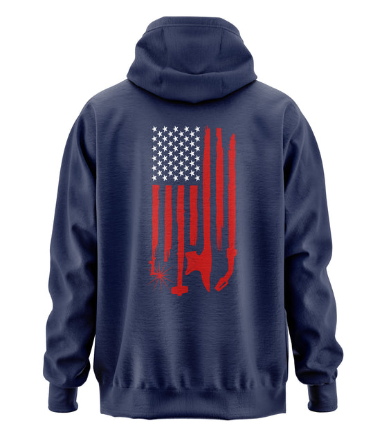 Navy blue hoodie with a red and white flag design on the back with welding tools for the stripes and an American Flag with welding ribbon on the front chest. 