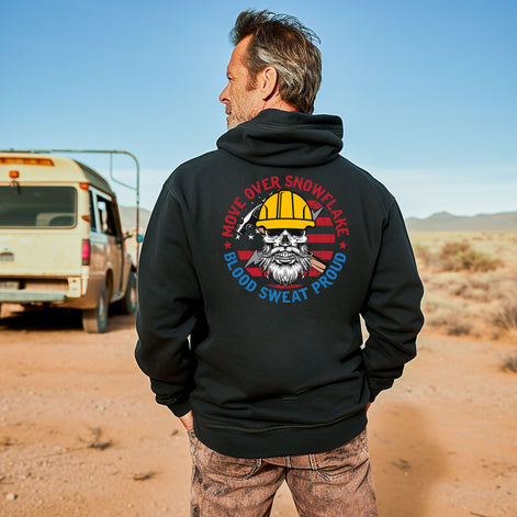 Move Over Snowflake Blue Collar Proud Hoodie Sweatshirt in black, gray and blue, featuring bold white text with a rugged design, perfect for hardworking blue-collar workers who take pride in their grit and toughness. Durable hoodie for construction workers, tradesmen, and industrial professionals. Comfortable, heavyweight material ideal for all-weather conditions on and off the job site.