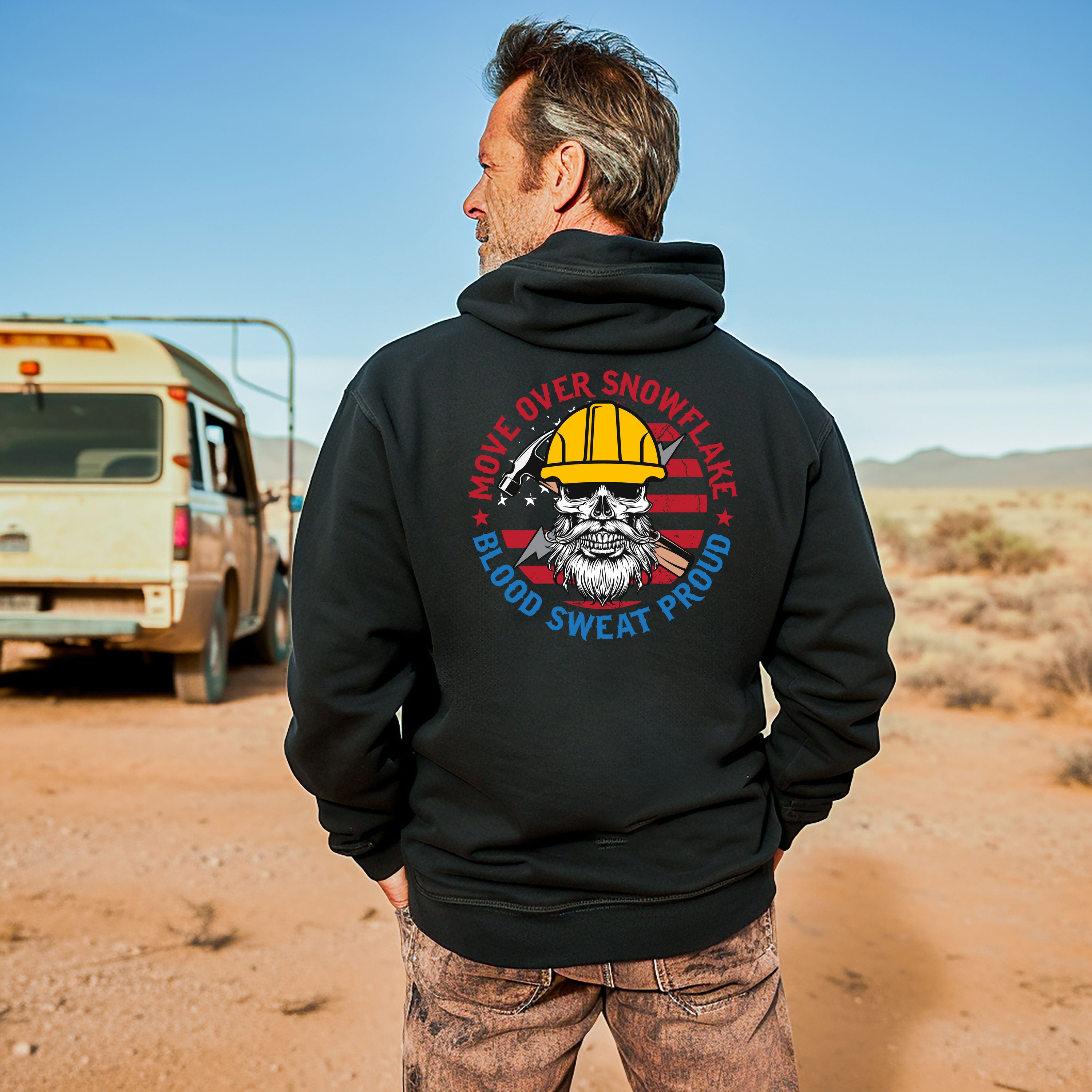 Move Over Snowflake Blue Collar Proud Hoodie Sweatshirt in black, gray and blue, featuring bold white text with a rugged design, perfect for hardworking blue-collar workers who take pride in their grit and toughness. Durable hoodie for construction workers, tradesmen, and industrial professionals. Comfortable, heavyweight material ideal for all-weather conditions on and off the job site.