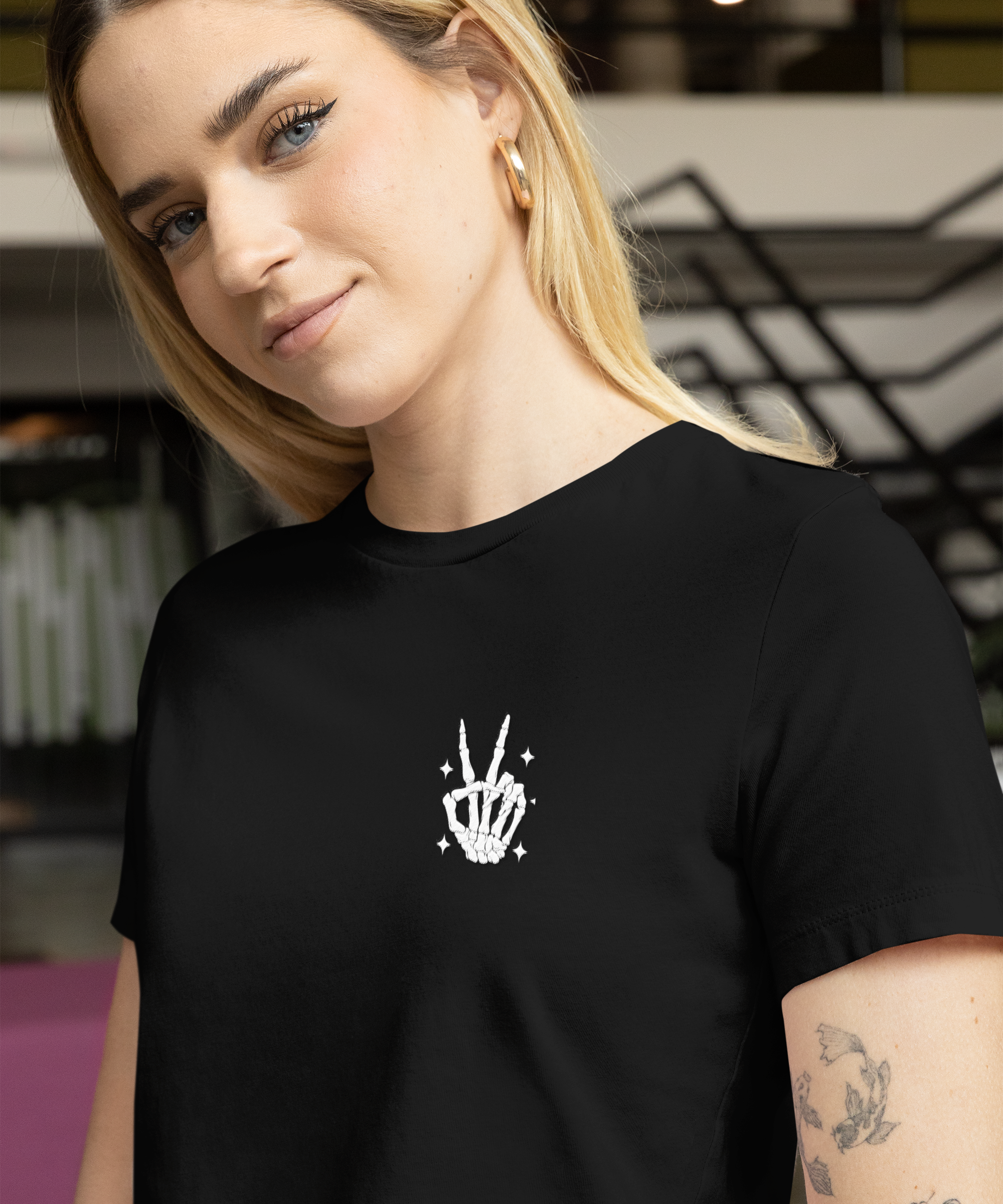 Beautiful Unpredictable Blue Collar Wife front-view-t-shirt-woman Skeleton Fingers - Available at Workwearcomfort.com