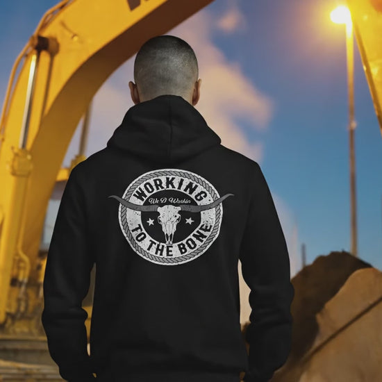 Working to the bone We B Working black hoodie available at workwearcomfort.com