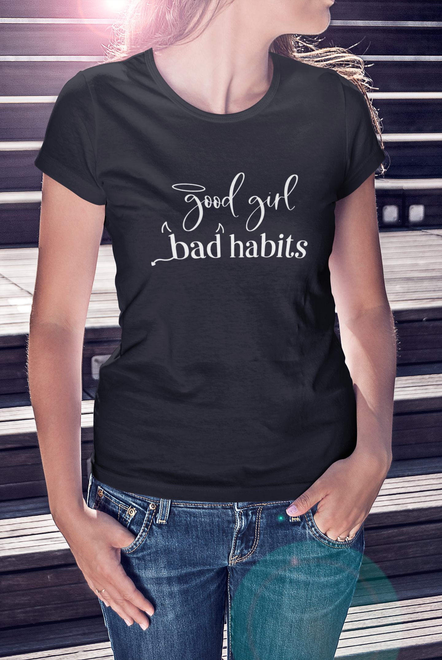 Good Girl Bad Habit Women’s T-Shirt Available at Workwearcomfort.com 